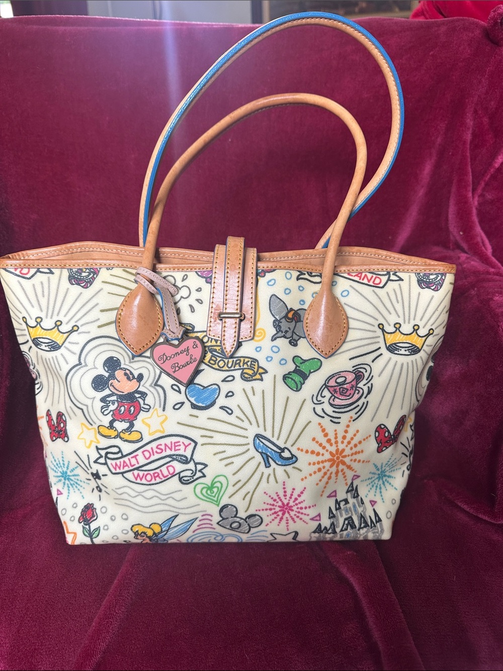 Dooney & Bourke Cream Disney Print Canvas Tote with Tan Leather Trim